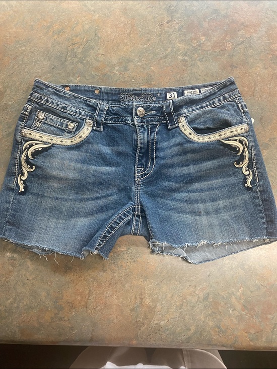 Miss Me Pants - Miss Me Blue Denim Shorts with Ivory Embroidery